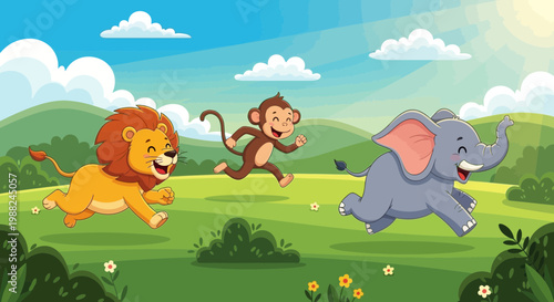 Joyful Lion, Monkey, And Elephant Romping Across A Vivid Green Landscape Outdoors
