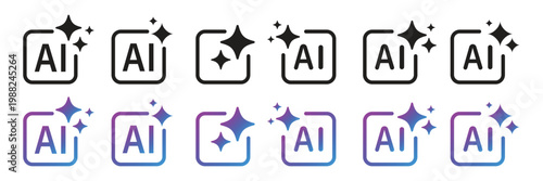 AI Artificial Intelligence Minimal Line Icon Set. AI and sparkling clean icons artificial intelligence. Generative ai sparkle icon set  AI star and square  artificial intelligence.