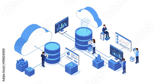 Isometric vector art depicts people interacting with a cloud storage system, transferring data between servers and computer monitors, visualized with a clean, modern design and a bright