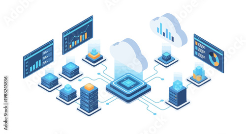 Isometric vector art illustrating cloud computing, showcasing data analysis and storage with interconnected icons and characters, set against a clean white background, conveying a modern