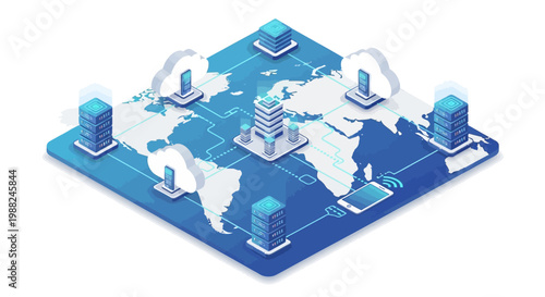 Isometric vector art shows a cloud computing network design illustrating data servers and character icons connected worldwide, all set against a blue and white world map background