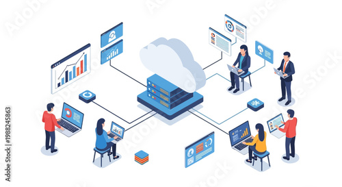 Isometric vector art depicting people using laptops and tablets connected to a cloud storage server, conveying a collaborative business network with a bright, modern design against a white
