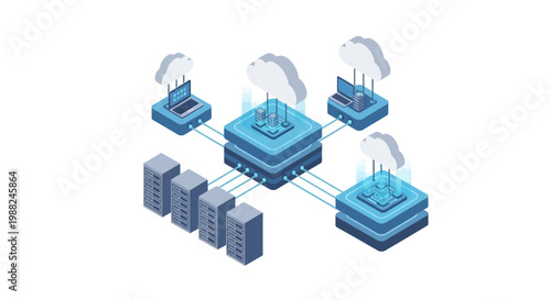 Isometric vector art depicting cloud computing, showcasing data servers linked to laptops and storage platforms, all illustrated in a clean, minimalist style against a white backdrop