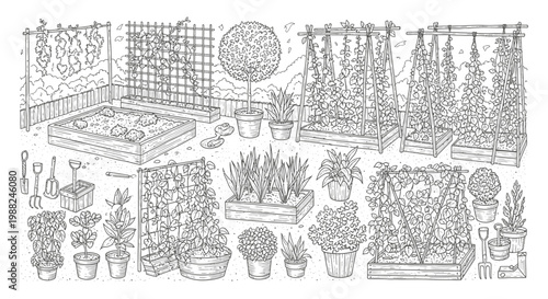 Detailed illustration of garden plants and gardening tools in a line art style