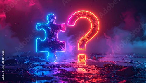 Illuminated 3D rendering of a missing puzzle piece next to a question mark, surrounded by colorful neon vapor
