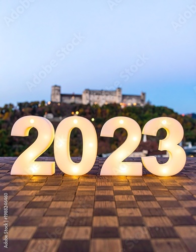 Illuminated 2023 sign sits atop a checkered surface against a blurred backdrop of a building atop a hill at dusk