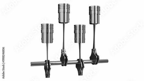 Car Engine with Four Cylinders and Rotating Crankshaft on White Background - 3d 4k animation (3840 x 2160 px)