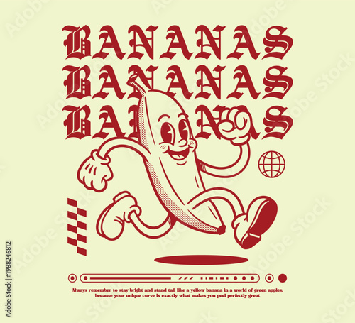 Vector illustration of a t-shirt design retro banana character, roovy cartoons vintage rubber hose style