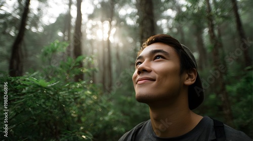 A contemplative portrait of a person looking up into the filtered sunlight within a lush vibrant forest environment