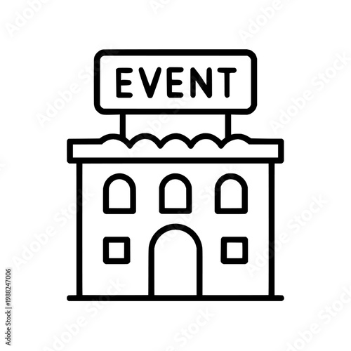 A simple line drawing of a building with an event sign on top