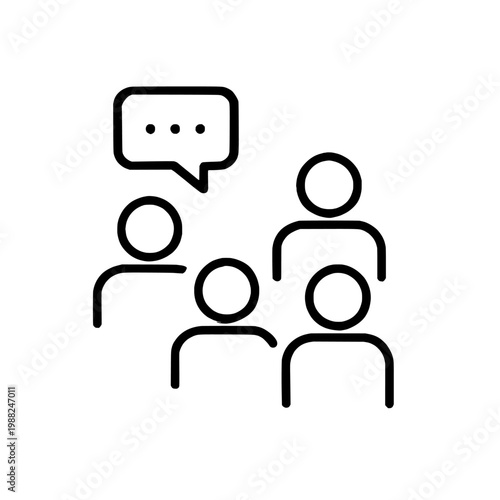 Black line icon of four people talking to each other in a group