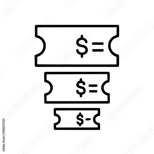 Three black line icons of tickets with dollar signs and equals signs