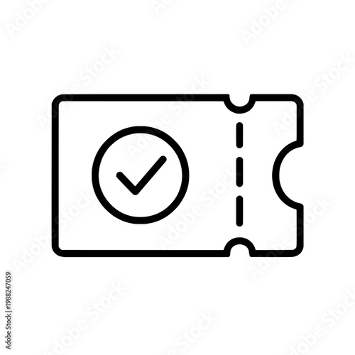 A black line icon of a ticket with a checkmark