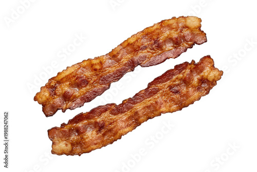 Crispy fried bacon strips, savory breakfast meat, delicious food.