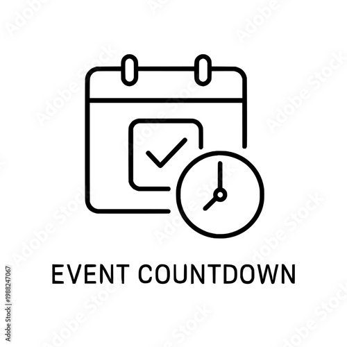 Black line art of calendar with clock and checkmark for event countdown