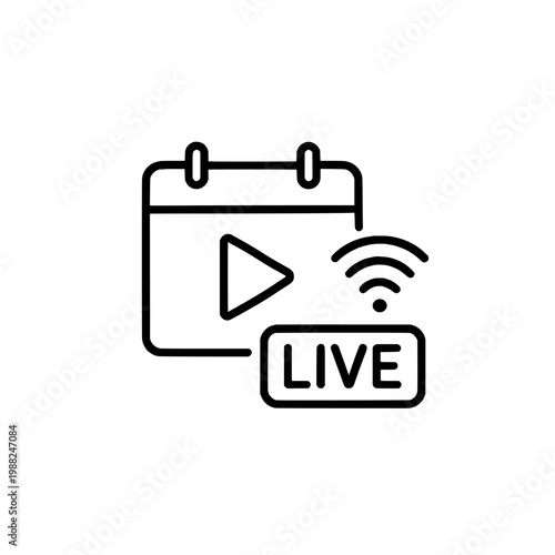 Black line icon of a calendar with a play button and live streaming symbol