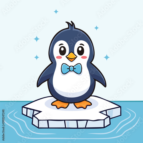 Flat vector a little penguin wearing a small bow tie, standing on ice illustration
