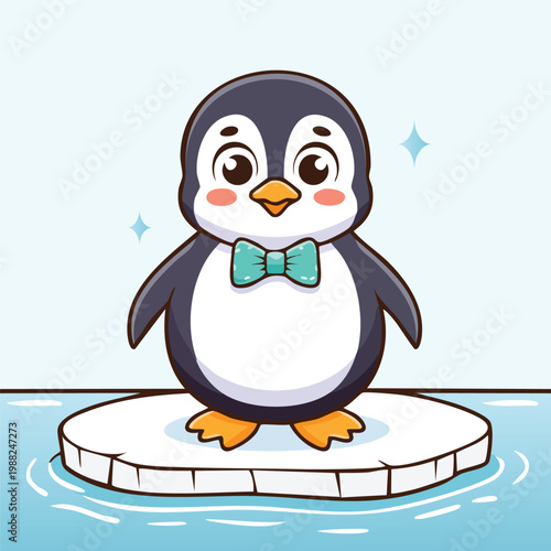 Flat vector a little penguin wearing a small bow tie, standing on ice illustration