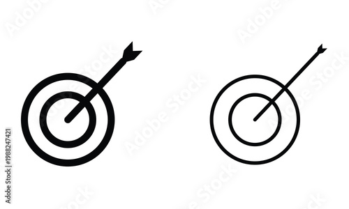 Target icons with arrow hitting bullseye. Minimalist target symbols with arrows hitting center, representing accuracy, goals, success, focus, and achievement concepts in business or marketing.