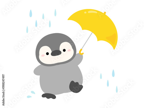 黄色い傘をさすペンギン、梅雨や雨の日のキャラクター、かわいい動物のベクターイラスト