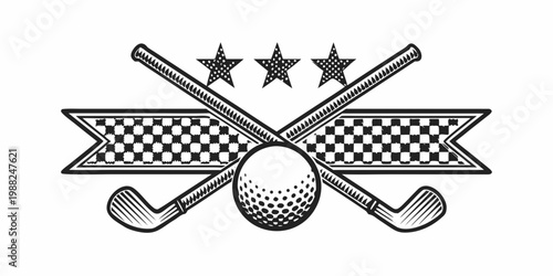 Vintage golf emblem featuring crossed clubs stars and a checkered ribbon