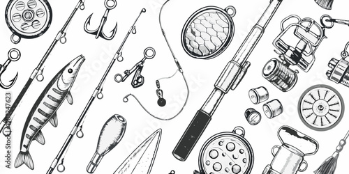 Vintage fishing gear and equipment illustration in black and white