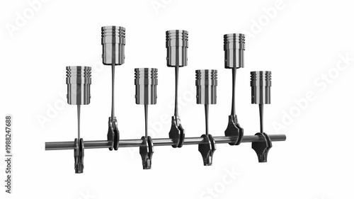 Car Engine with Seven Cylinders and Rotating Crankshaft on White Background - 3d 4k animation (3840 x 2160 px)