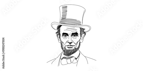 Black and white line art illustration of abraham lincoln wearing a stovepipe top hat and bow tie.