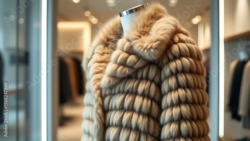 karakul. A single Karakul lamb fur coat displayed on a mannequin, highlighting its texture and sheen. lifestyle magazines, social media lookbooks, designed for influencer and brand collaborations.