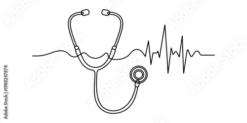 Continuous line drawing of a stethoscope and a heartbeat line symbol for medical healthcare.