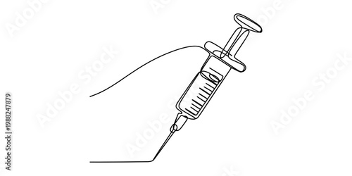 Continuous one line drawing of medical syringe for injection on white background