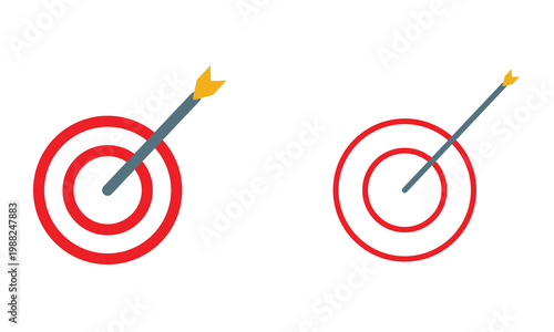 Target icons with arrow hitting bullseye. Minimalist target symbols with arrows hitting center, representing accuracy, goals, success, focus, and achievement concepts in business or marketing.