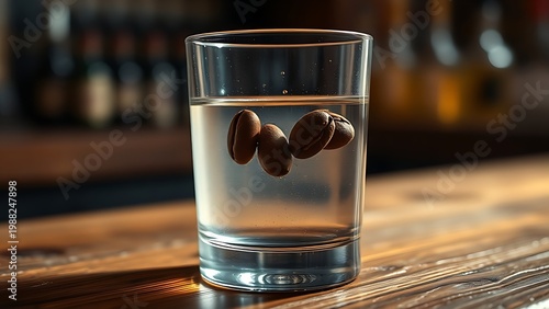 sambuca. Three coffee beans floating in sambuca on a rustic wooden bar. bar promotions, beverage menus, designed for product packaging and bar promotions, used by e-commerce operators.