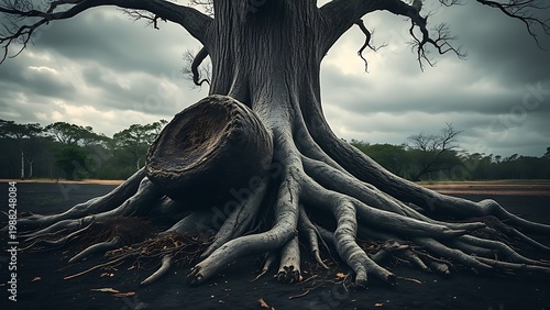 accuser. A large uprooted tree with exposed roots after a storm, dramatic natural scene. ESG reports, sustainability campaigns, designed for environmental awareness campaigns, used by professors.