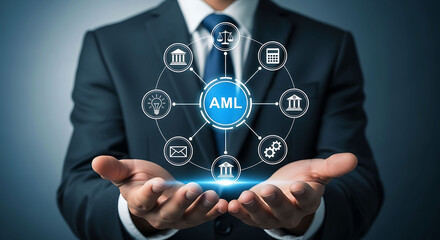 Businessman holding Anti Money Laundering AML compliance and financial safety icons