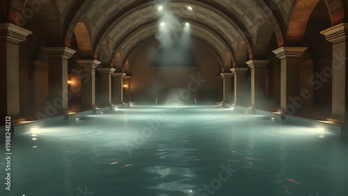 bathhouse. Steamy Roman bathhouse interior with arched corridors and soft light on water. real-estate listings.