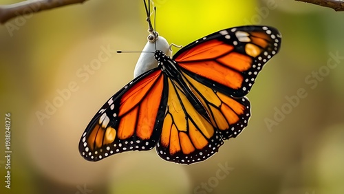 liberating. Monarch butterfly emerging from a gray cocoon, wings half unfolded. wildlife magazines, conservation campaigns, designed for nature documentaries and education, used by fitness trainers.
