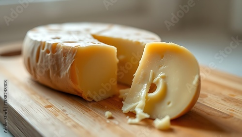 scamorza. Half of a scamorza cheese cut open on a wooden board, revealing its pale yellow, stringy interior. menu design.