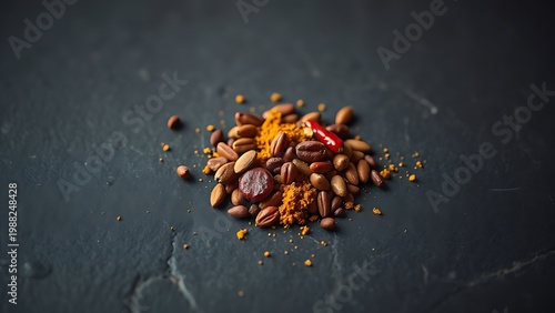 berbere. Pile of berbere spices on slate, red chili and turmeric. menu design, packaging mockups, designed for food delivery and cloud-kitchen brand materials, used by sales representatives.