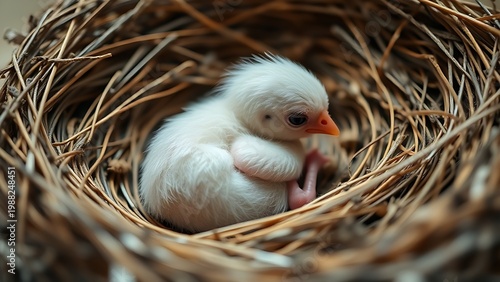featherless. A featherless newborn hatchling curled in an empty nest, soft natural light. wildlife magazines, conservation campaigns, designed for wildlife conservation campaigns.