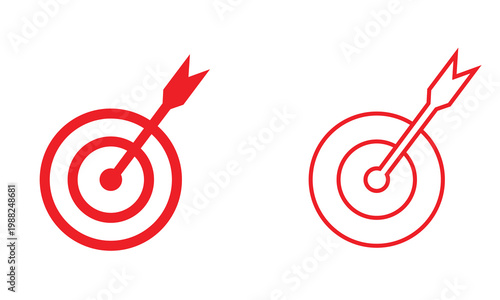 Target icons with arrow hitting bullseye. Minimalist target symbols with arrows hitting center, representing accuracy, goals, success, focus, and achievement concepts in business or marketing.