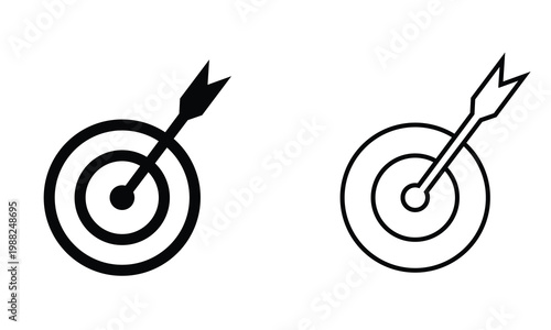 Target icons with arrow hitting bullseye. Minimalist target symbols with arrows hitting center, representing accuracy, goals, success, focus, and achievement concepts in business or marketing.