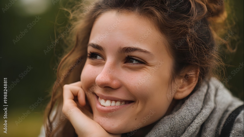 Obraz premium A smiling woman taking a joyful moment outdoors while enjoying the peaceful beauty of a natural setting