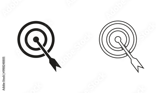 Target icons with arrow hitting bullseye. Minimalist target symbols with arrows hitting center, representing accuracy, goals, success, focus, and achievement concepts in business or marketing.