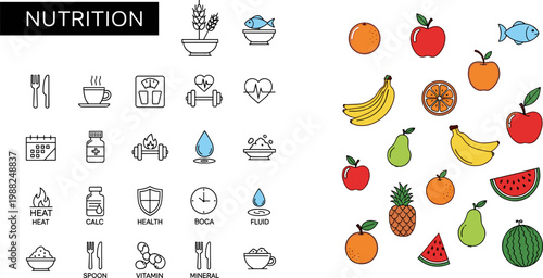 Nutrition Icon Set with Colorful Fruit Apple Banana Orange Watermelon Pineapple and Health Symbol for Diet Design