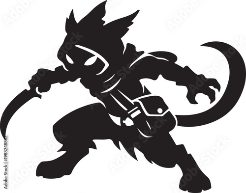 Silhouette of masked rogue character holding curved blade in crouched combat pose for fantasy gaming and vector illustration.