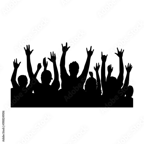 Silhouette of a crowd of people with raised hands in celebration