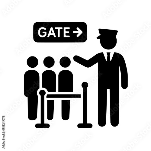 Airport gate attendant directing passengers through a turnstile