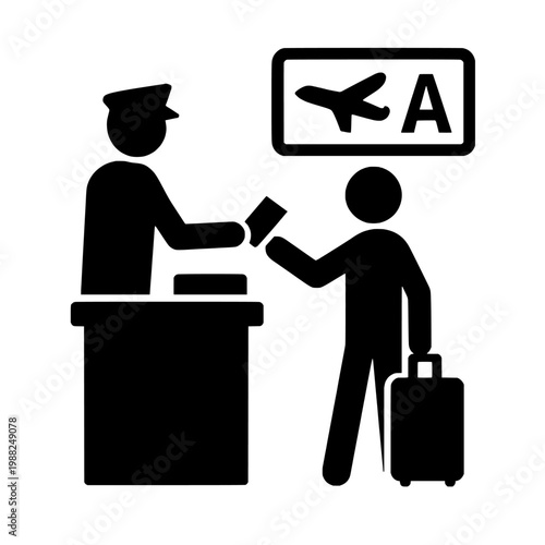 Black silhouette of airport staff giving a passenger a ticket or passport at checkin