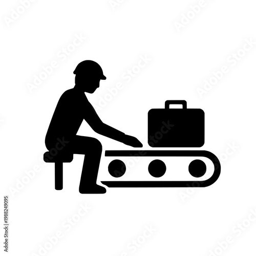 Black silhouette of a man sitting on a stool next to a conveyor belt with a briefcase